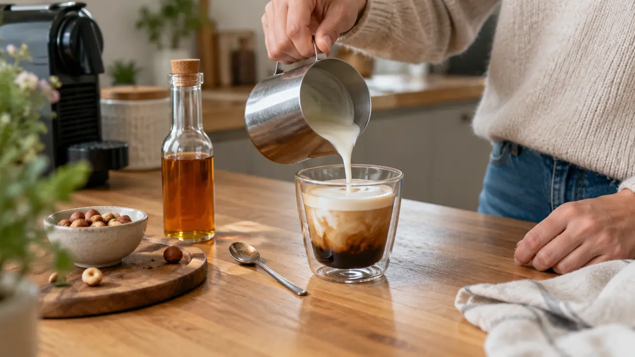 В молочный кофейный напиток наливают молоко; рядом ложка и бутылка сиропа